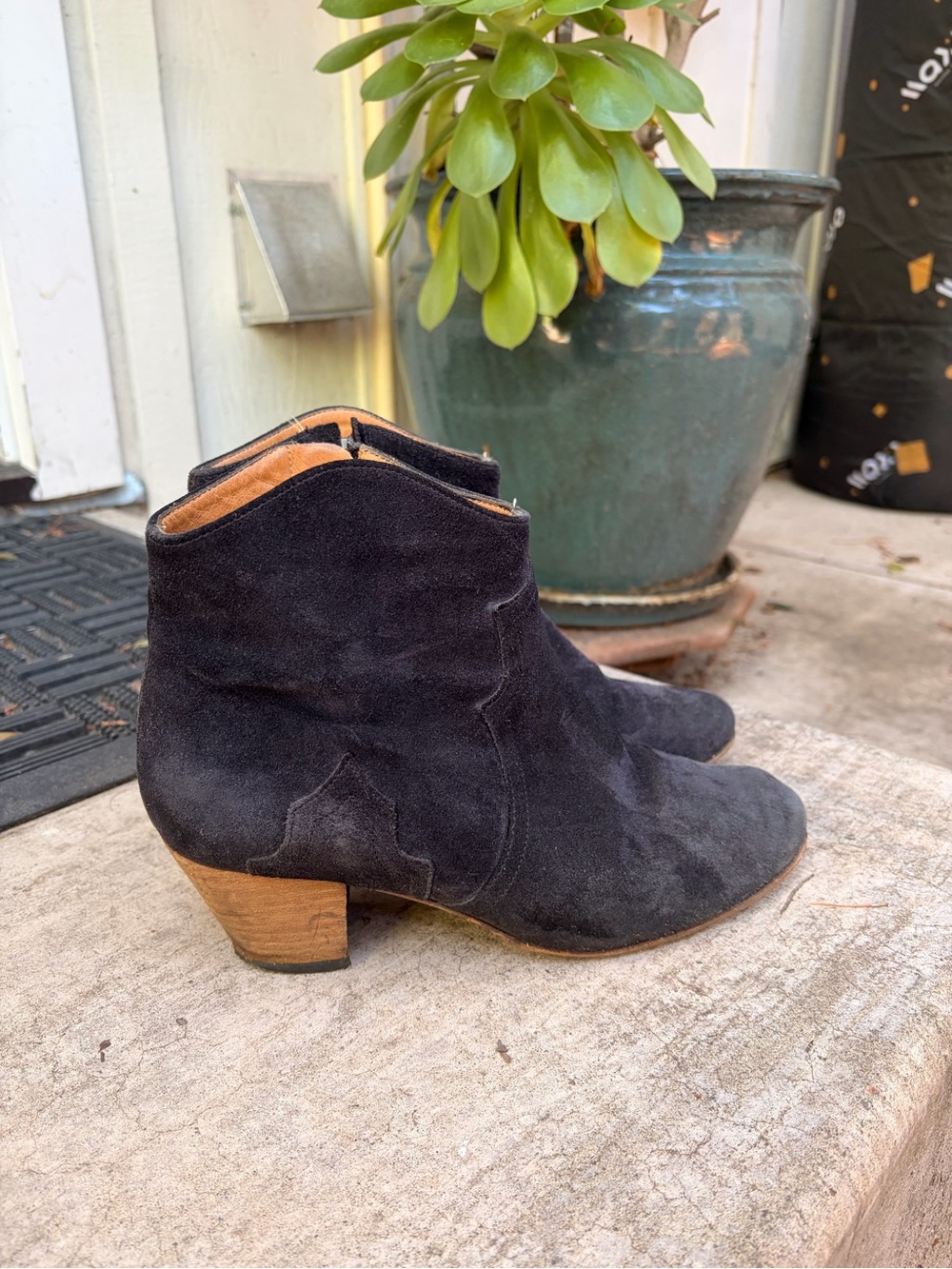 Suede Blue Ankle Boots with Parisian Wooden Heel